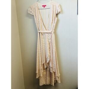 Betsey Johnson Pink Ruffled Tiered Skirt Wrap Dress Soft Pink Polka Dots Size 6